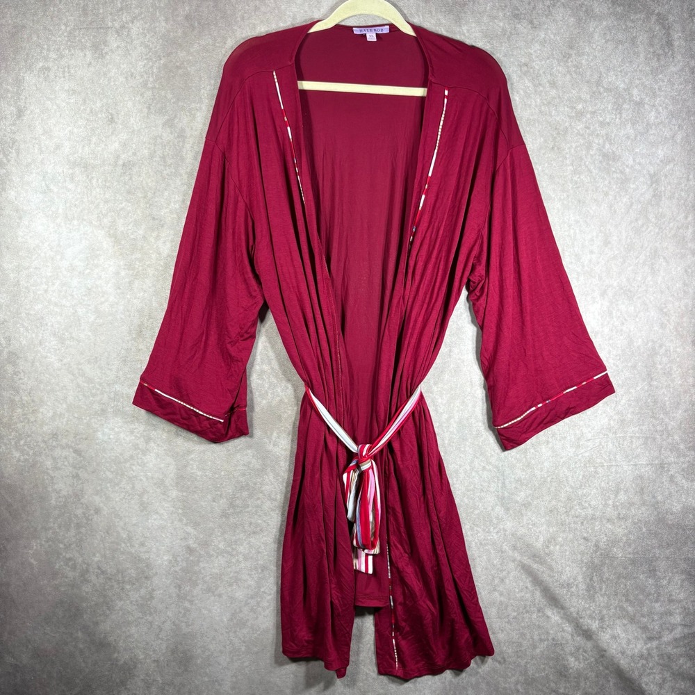 Hale Bob Robe Women XL Burgundy Bamboo Spandex Kimono Sleeve Belted Striped Trim